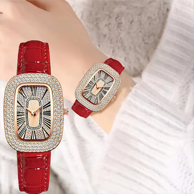 Fusion Finds Vintage Women's Leather Strap Watch With Sparkly Zircon Crystal Dial & Quartz Watch Movement red