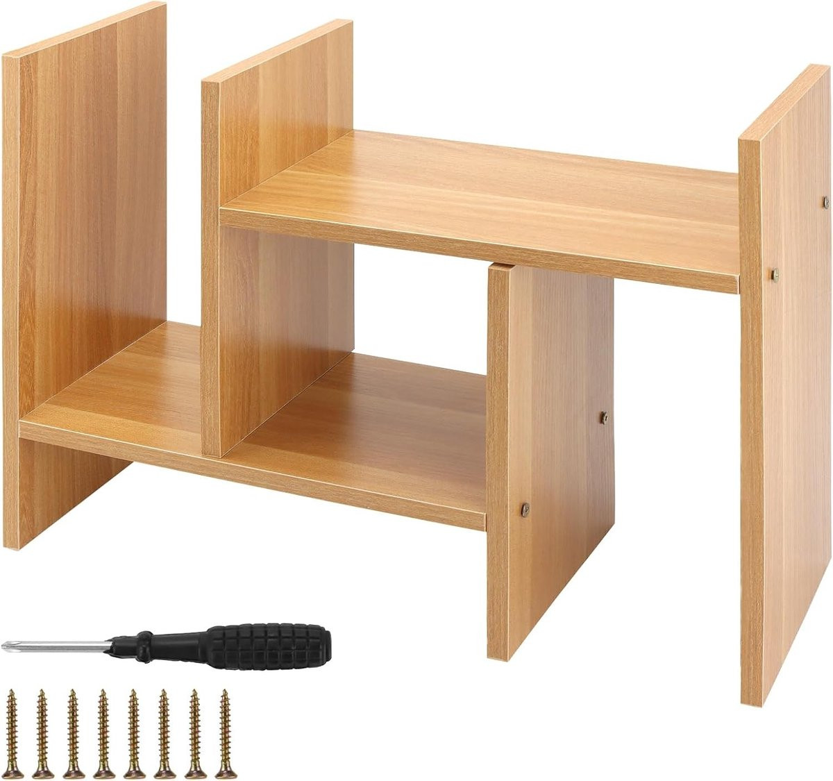 Compacte houten boekenkast en desk organizer voor thuis en kantoor