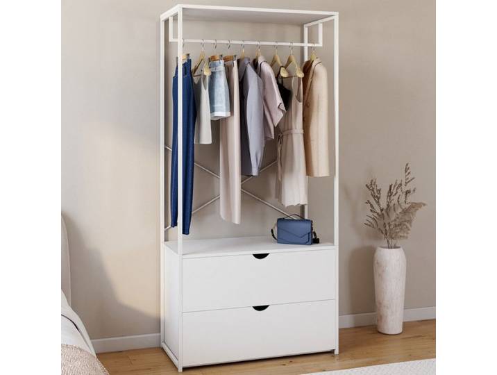 IDMARKET Dressing penderie 2 tiroirs L. 80 cm BROOKLYN bois blanc et métal blanc