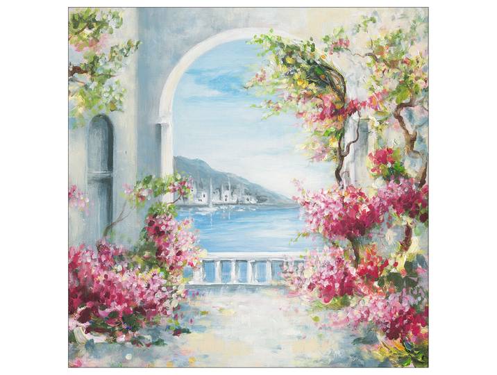 Tableau Terrasse sur le lac Cadre : panneau de fibres de bois MDF Revêtement : toile Vert/Bleu/Rose foncé 40 x 40 x 2cm