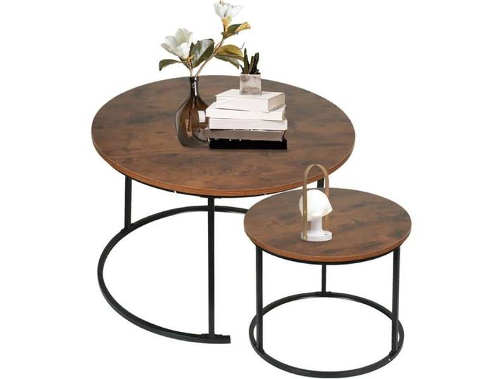 OHMG Lot de 2 Tables Basses Gigognes Rondes Empilables Effet Marbre 70x70x45cm Salon