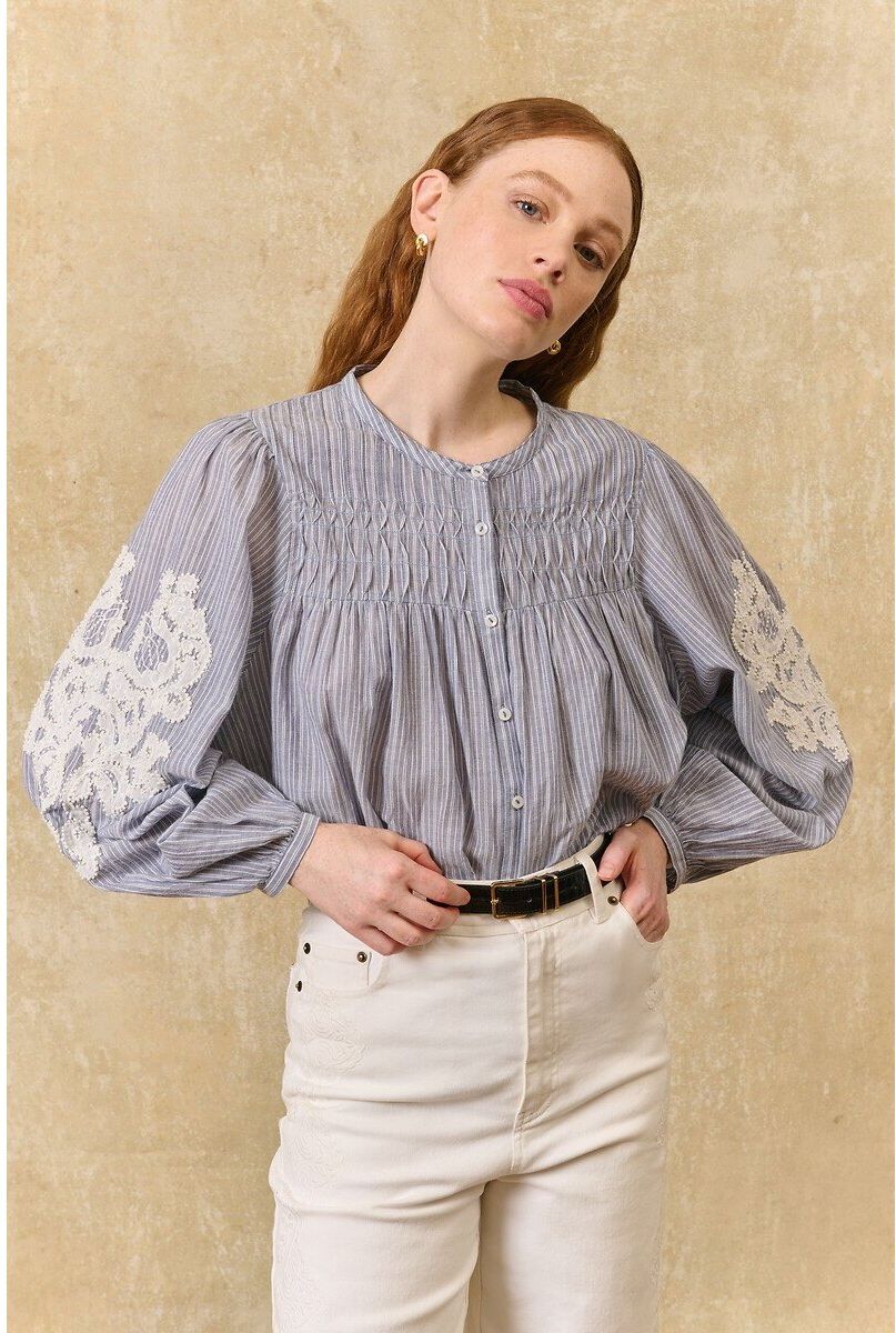 LOUISE MISHA Blouse col rond à manches longues rayée et brodée, JALLY