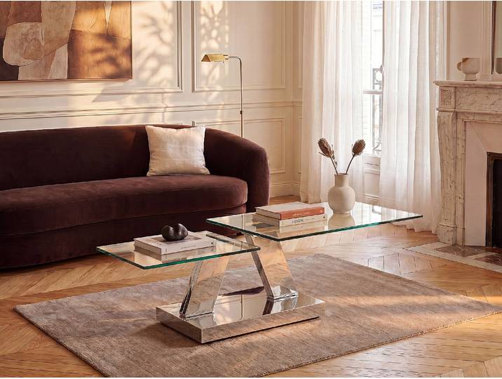 Couchtisch mit drehbaren Tischplatten - Sicherheitsglas & Metall - OYRUS