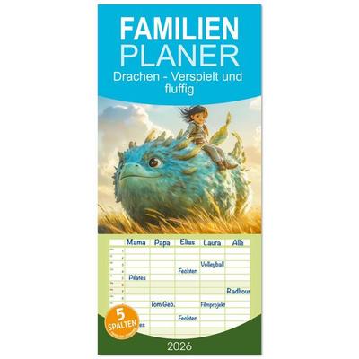 Familienplaner 2026 - Drachen - Verspielt und fluffig mit 5 Spalten (Wandkalender, 21 x 45 cm) CALVENDO