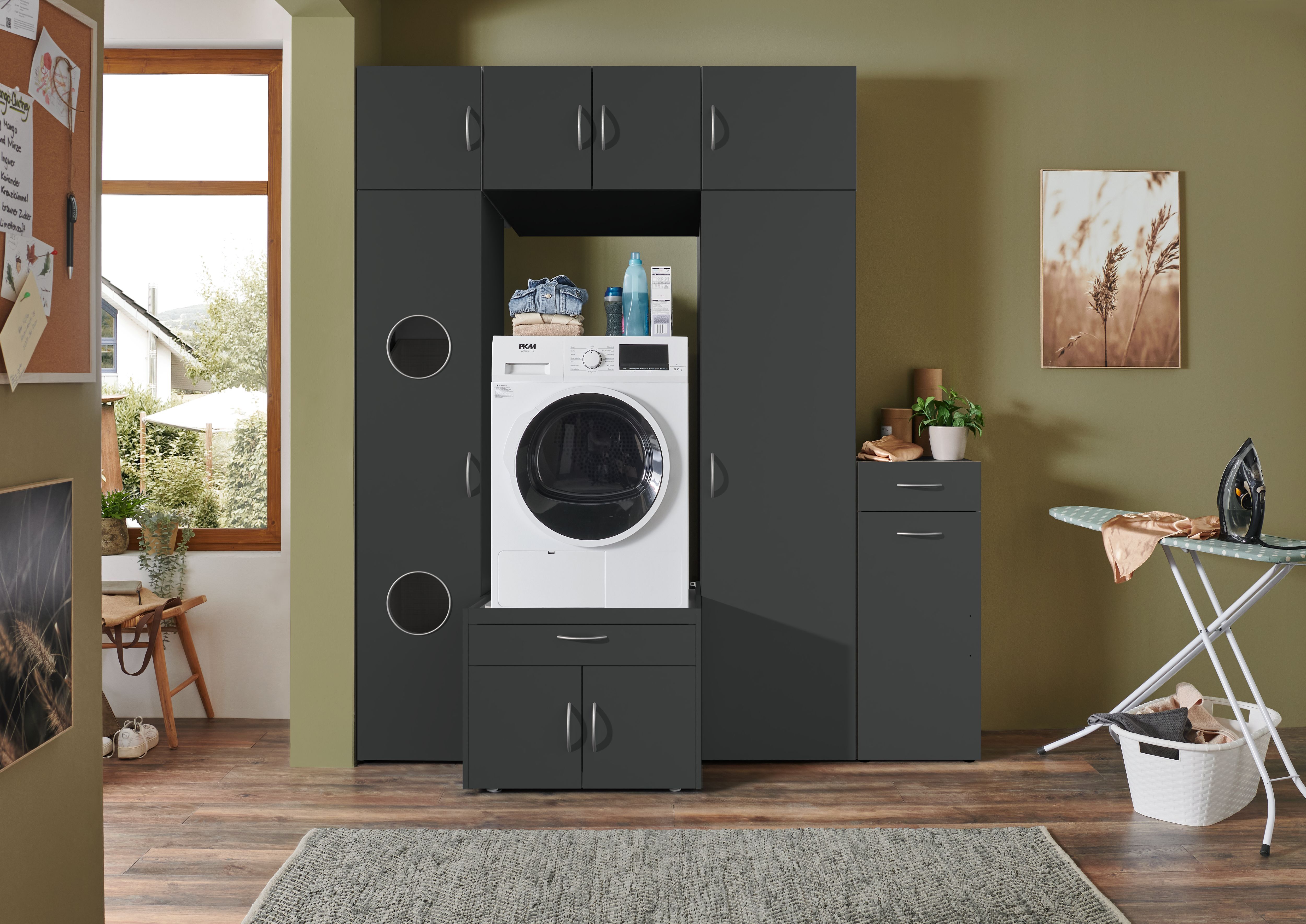 Mehrzweckschrank WIMEX "Multiraumkonzept, praktische Waschmaschinenlösung, Breite: 200cm", schwarz (grafit), B:200cm H:225cm T:69cm, Schränke, Mehrzweckschrank, erhältlich in den Farben grafit oder weiss grafit Grafit, B/H/T: 200cm x 225cm x 69cm