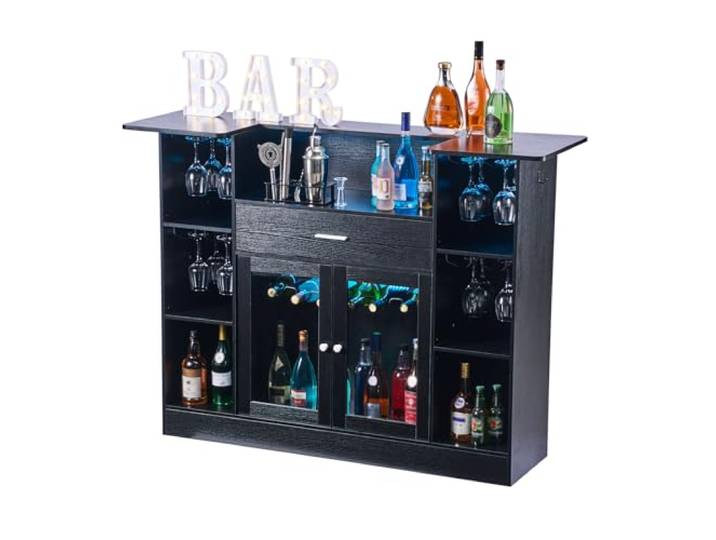 VEVOR Hausbar mit 4 Ebenen, Bartresen aus Holzwerkstoff mit Flaschenablage Weinglashalter LED-Beleuchtung, Bartheke mit viel Stauraum für Wohnzimmer & Keller, Belastbar bis 181,4 kg, 150 x 46 x 110 cm