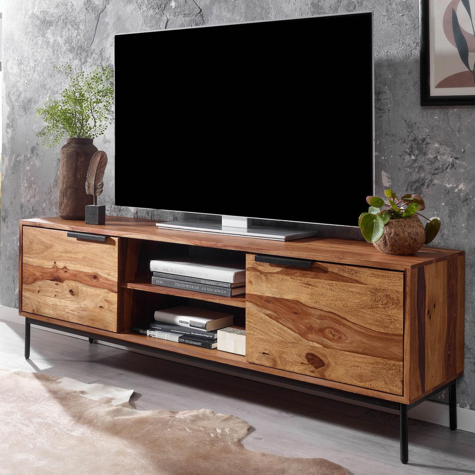Massive TV-Board Kommode 150cm Sheesham Massivholz Fernsehschrank Lowboard mit 2 Türen