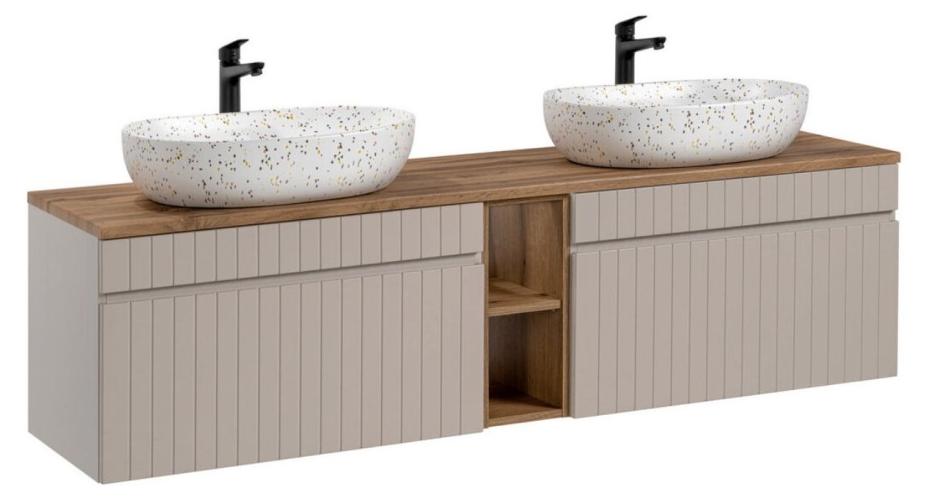 ICON-Set: Waschtischunterschrank 180cm mit sichtbaren Nischen + 2 ovale, gesprenkelte Aufsatzwaschbecken in Multicolor