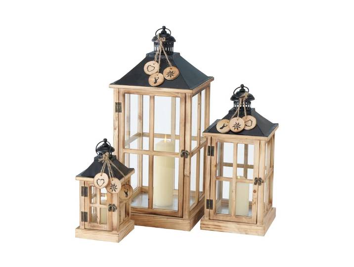Kerzenlaterne BOLTZE Tauern 3-teilig , braun, schwarz, transparent, Glas, Holz teilmassiv, Metall, Kerzenhalter, Kerzenlaterne
