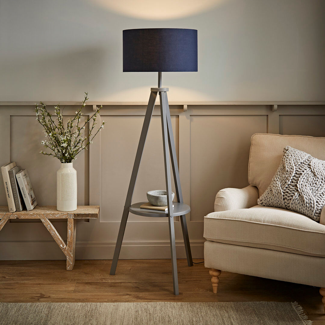 Brayden Studio Ismay 149 cm Morrigan Wood Tripod Floor Lamp with Shelf & XL Reni Shade Navy Blue/Grey 149cm H X 55cm W X 55cm D