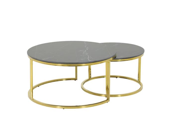 Couchtisch Joel rund 2er Set 80x41/60x37 cm Sintered Stone Mamor-Optik schwarz/goldfarbig