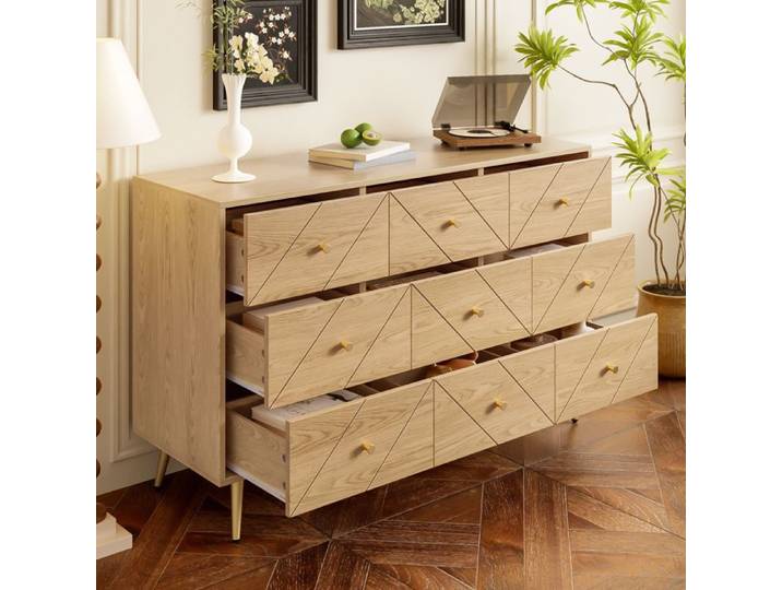 Commode 9 Tiroirs Moderne Buffet Moderne avec Pieds Métal - 120x39x80 cm Armoire de Salon pour Salon Chambre à Coucher naturel