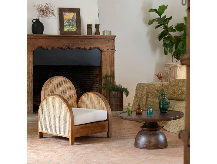 Fauteuil en teck et cannage rotin avec coussin d'assise Malaya