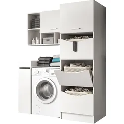WASCHMASCHINENSCHRANK weiß Set 4-teilig, Waschmaschinenumbau 155 cm mit viel Stauraum