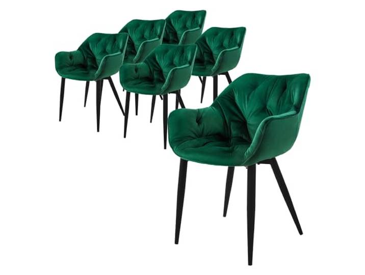 ML-Design Esszimmerstühle 6er Set Dunkelgrün, Küchenstuhl mit dickem Samtstoff gepolsterter Sitz, Metallbeinen, Wohnzimmerstuhl mit Rücken- und Armlehnen, Gesteppter Polsterstuhl, Ergonomischer Sessel