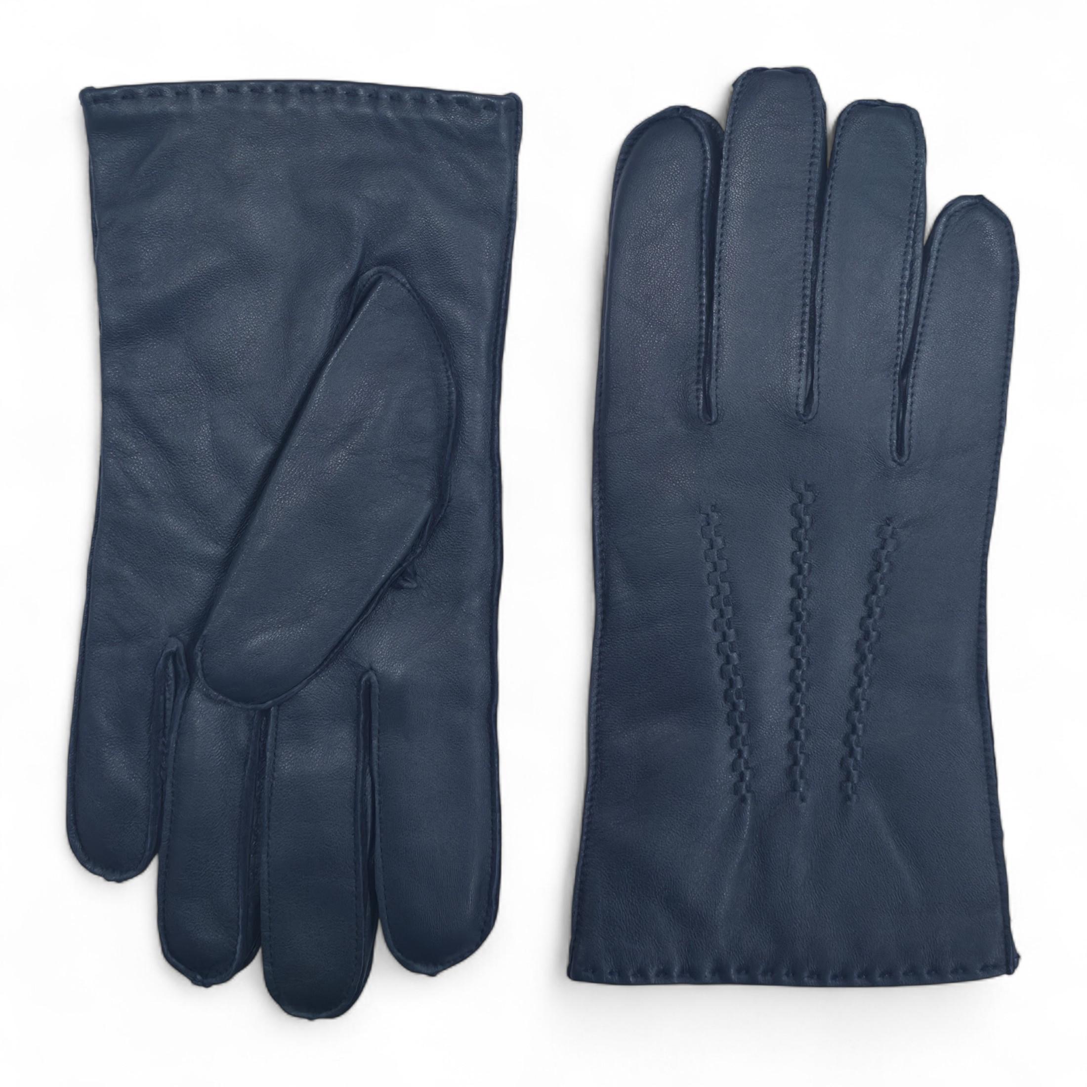 Herrenhandschuhe aus marineblauem italienischem Leder mit warmem Wollfutter, Winter-Ziernahtdesign, ideal zum Reiten, Autofahren und für Freizeit.