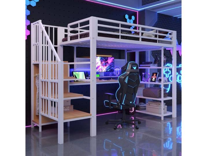 Lit mezzanine gaming 90 x 200 cm avec bureau gaming bureau LED et prises USB métal et bois blanc