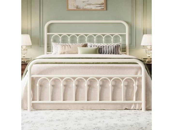 MUTICOR Metallbett 160 x 200 cm im viktorianischen Stil, Cremeweiß Robustes Bettgestell mit verstärkten Metalllatten und 31,8 cm Bodenfreiheit für praktischen Stauraum unter dem Bett