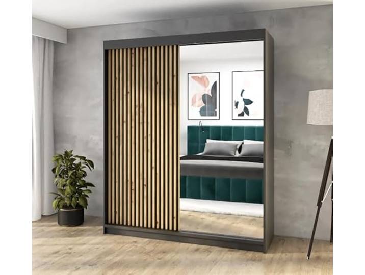 A&J MöbelLand Schwebetürenschrank MIT Kleiderschrank 180 cm mit Spiegel & Holzlamellen (Schwarz)