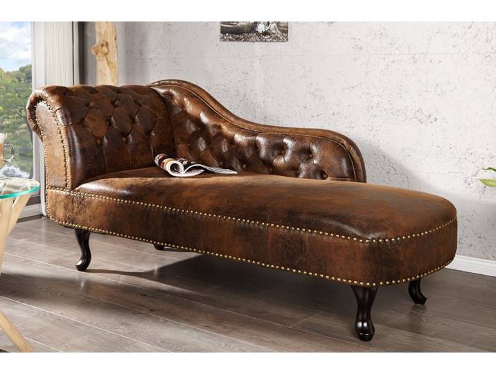 Chesterfield Recamiere 170cm antik braun mit Knopfheftung und Nietenbesatz Chaiselongue Ottomane