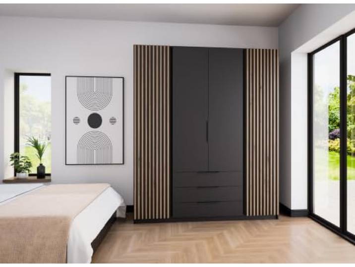 AX Living Nehir Schrank 200 cm Schwarz, 2 Lamellen außen + 3S 2 Lamellen außen; 2 glatte Türen; 3 Schubladen – Stauraum mit Stil.