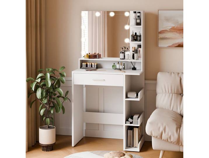 Mondeer Coiffeuse avec Miroir LED 3 Modes Lumières Réglables SANS TABOURET 7 Étagères et 1 Tiroir Meuble Chambre 67x36x138 cm Blanc