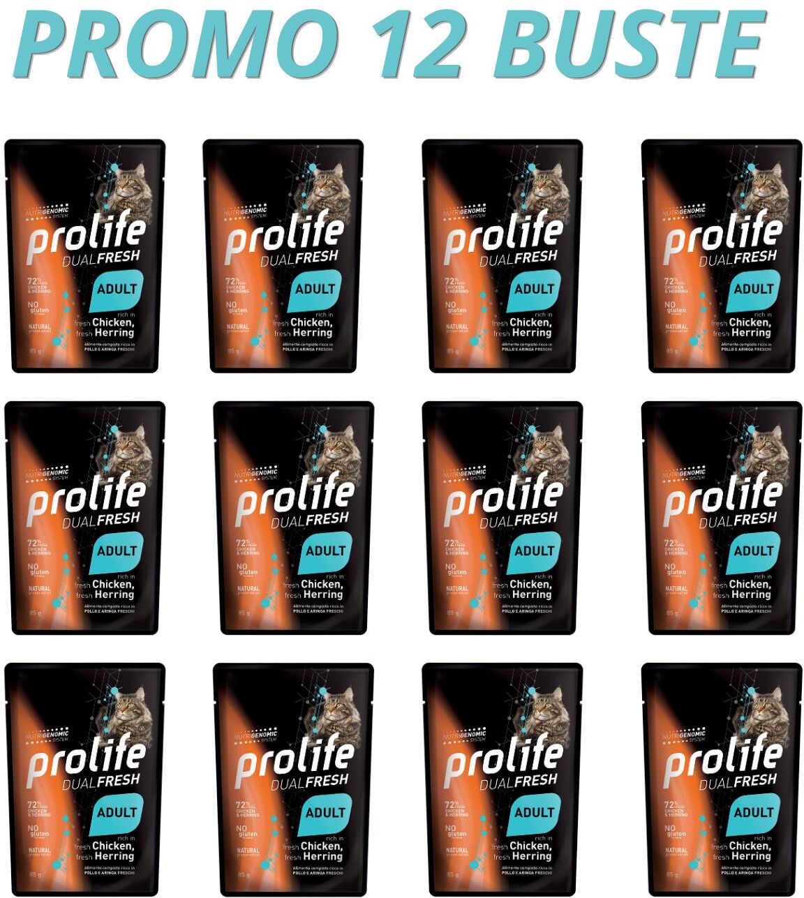 Prolife® 12 x 85 g Prolife Cat Dual Fresh Adult Pollo e Aringa Umido per Gatti