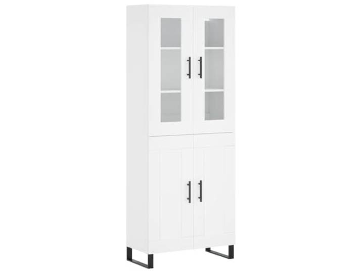 Roanoer Highboard Weiß 69,5x34x180 cm Schrank aus Holzwerkstoff Glas Mehrzweck Vitrinenschrank für Wohnzimmer & Esszimmer mit Metallfüßen, Glasscheiben und 2-teiligem Stauraumkonzept.