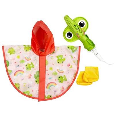 Puppen-Regen-Set ''Froschi Carlo'' mit Regenschirm, Regencape und Stiefelchen,