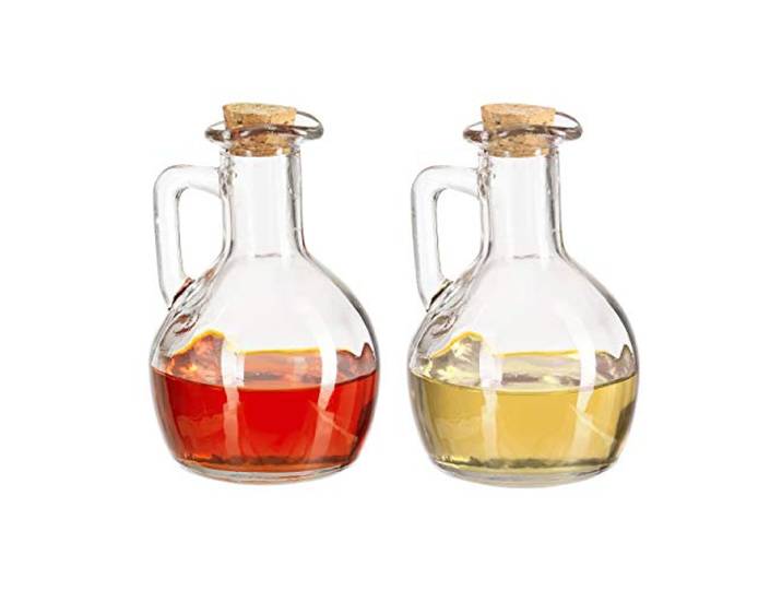 Relaxdays Bouteille huile et vinaigre lot de 4\, avec bouchon de liège\, rond pour huile & vinaigre\, 180 ml\, transparent