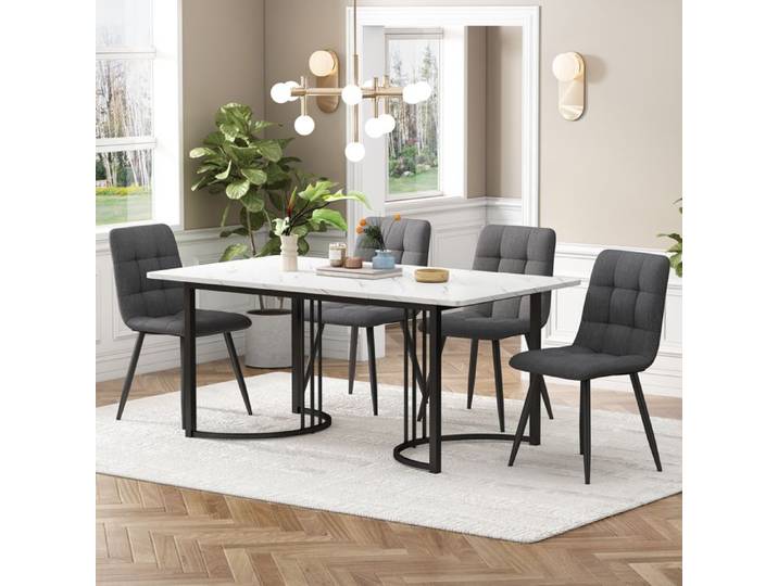 Table à manger - 140x80 cm - 4 chaises - MDF - Blanc et gris - Contemporain
