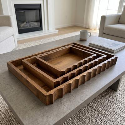 Dovelina Decorative Wooden Rectangular Serving Trays with Handles for Coffee Table (Set of 3)