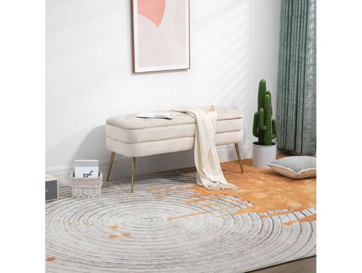 WOVREO Banquette coffre 104 cm en velours beige capitonne avec rangement cache pieds metal dores