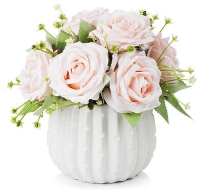 Enova Home Mixed Artificial Silk Roses Fake Flowers Arrangement in White Ceramic Pot for Home Office Decoration