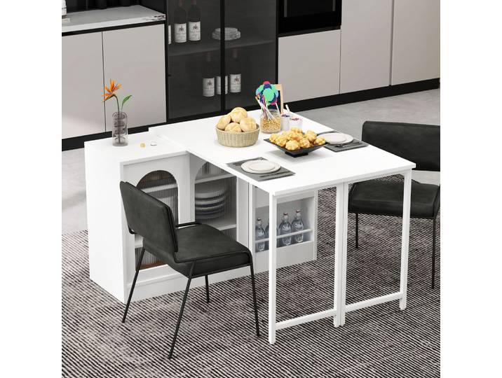 Table de bar moderne, extractable 360 ° Table de bar rotative avec rangement, buffet de table réversible avec porte de garde-robe en verre