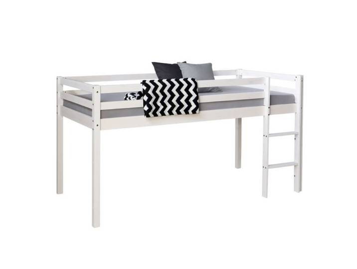 Lit Haut Mezzanine Enfant 90x200 cm – Idéal pour Économiser de l'Espace – Blanc avec Matelas