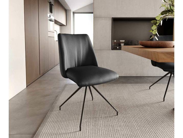 Drehstuhl Elso-Flex Echt-Leder Schwarz Kreuzgestell konisch Schwarz 180° drehbar Taschenfederkern, Esszimmerstühle