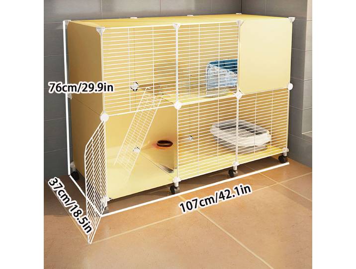 Cage pour chat avec espace libre, petite taille avec roulettes, armoire jaune pour chaton, villa pour chat, maison pour chat d'intérieur pour usage domestique