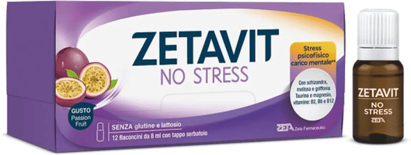 Zetavit No Stress 12 Flaconcini Gusto Fruit Passion Integratore Anti-Stress e Anti-Stanchezza