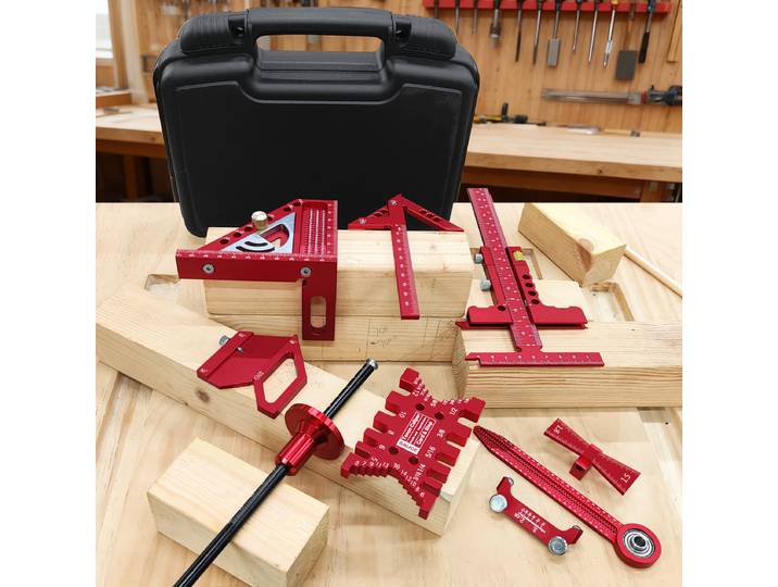 Kit combiné pour projets de menuiserie avec boîte, comprenant une règle triangulaire, un traçoir, un gabarit pour tenons, un gabarit pour queue d'aronde et une pince de positionnement