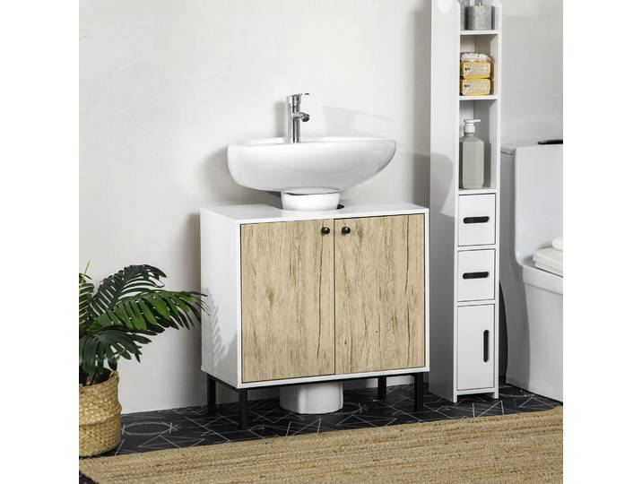 kleankin Meuble Lavabo Moderne Métal Blanc/Bois 60cm