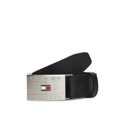 Ledergürtel TOMMY HILFIGER "TH FLAG PLAQUE", Herren, Gr. 85, schwarz, Rindsleder, Gürtel Ledergürtel