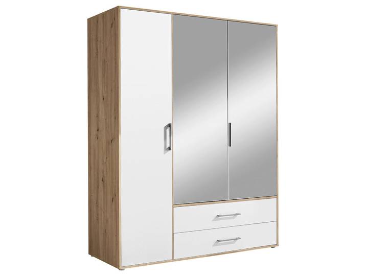 P & B Kleiderschrank, Weiß, Transparent, Eiche Artisan, Glas, 4 Fächer, 2 Schublade(n) Schubladen, 155x195x60 cm, Schrankfront mit Spiegel, Schlafzimmer, Kleiderschränke, Kleiderschränke mit Spiegel
