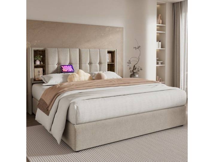 Lit coffre 180x200 - JAERLIUB - 180x200 cm - Tête capitonnée lin naturel - Chargeur sans fil + USB/USB-C - Grand coffre gaz