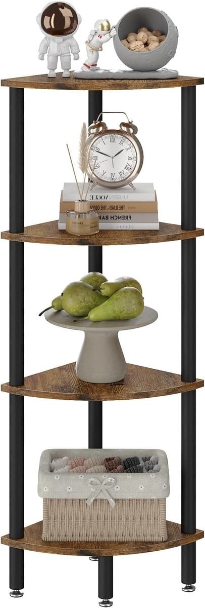 Industriële 4-laagse hoekplank voor woonkamer, slaapkamer of keuken in bruin hout
