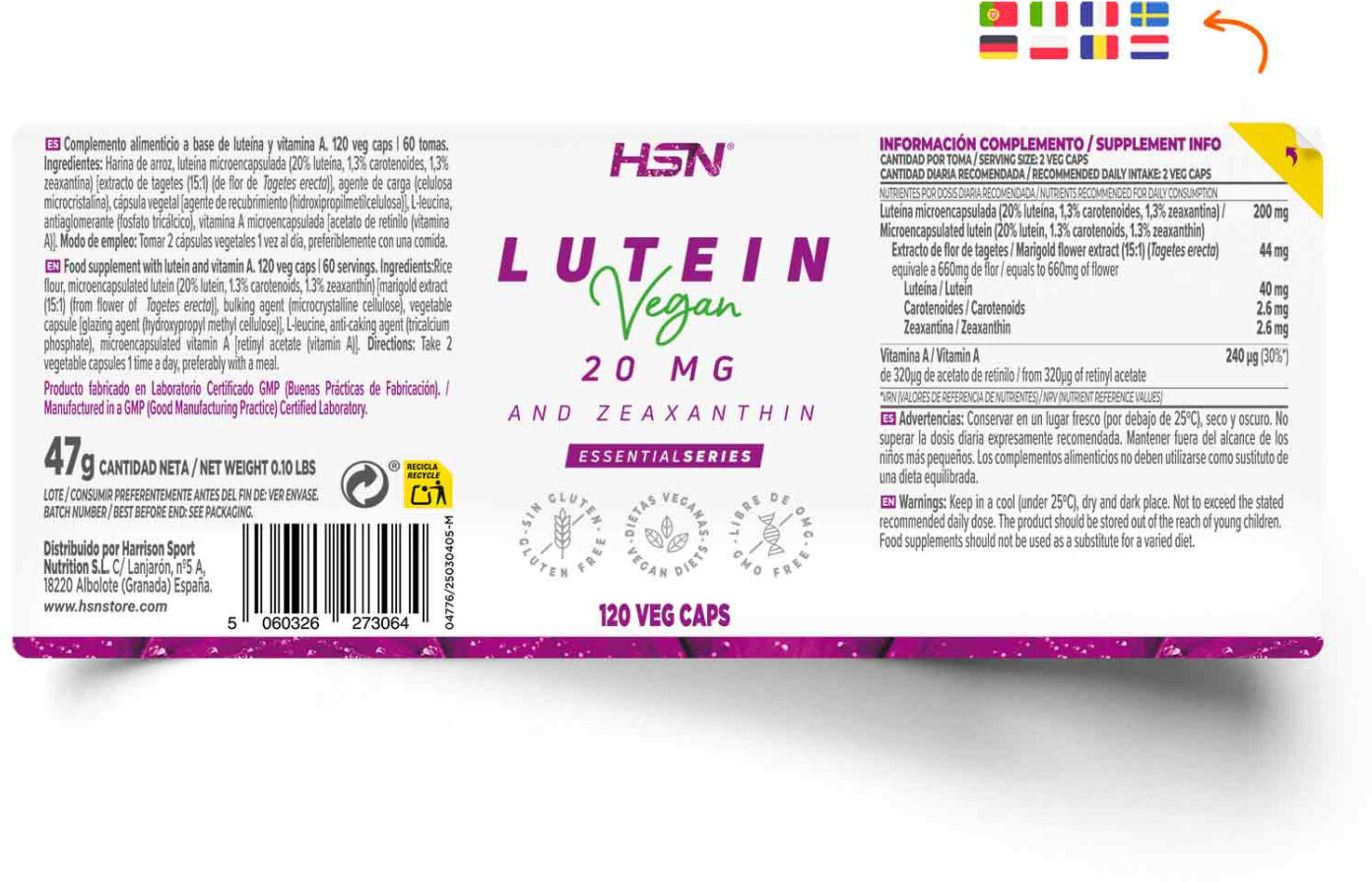 HSN Luteina + zeaxantina 20mg/1mg - 120 veg caps - Salud Ocular - Cápsulas Vegetales - 60  Servicios