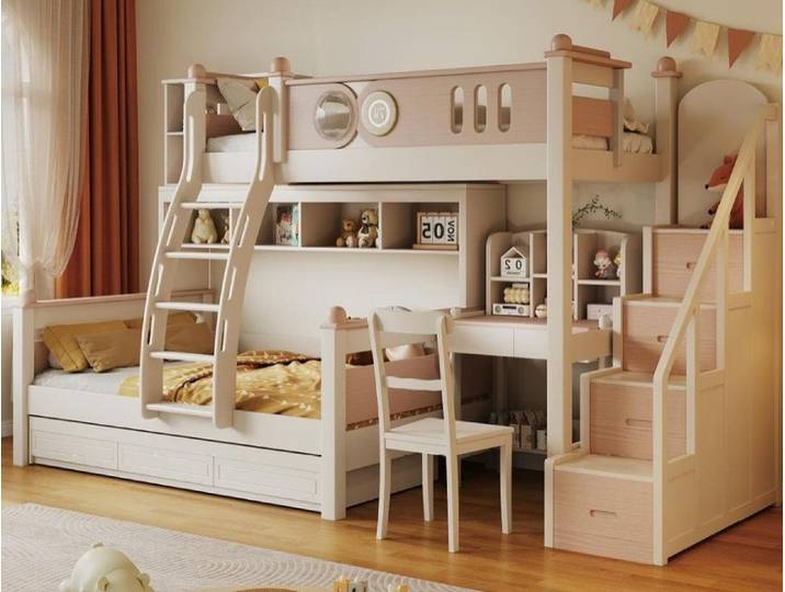 Xlmoebel Etagenbett XLMOEBEL Holz Etagenbett weiß mit Schubladen und integrierten Stufen (Etagenbett, 1-St., Etagenbett mit Schubladen), Made in Europa