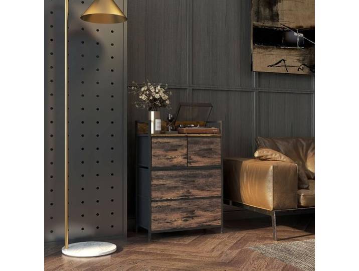 Commode Chiffonnier - 85x60x29cm - Meuble de Rangement Style Industriel avec 4 Tiroirs en Tissu - Marron Rustique