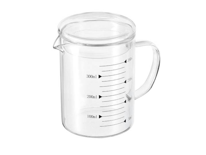 Messbecher 350ml Borosilikatglas mit Deckel und Ausguss, Schwarz, Glas, Backen & Backzubehör, Messbecher