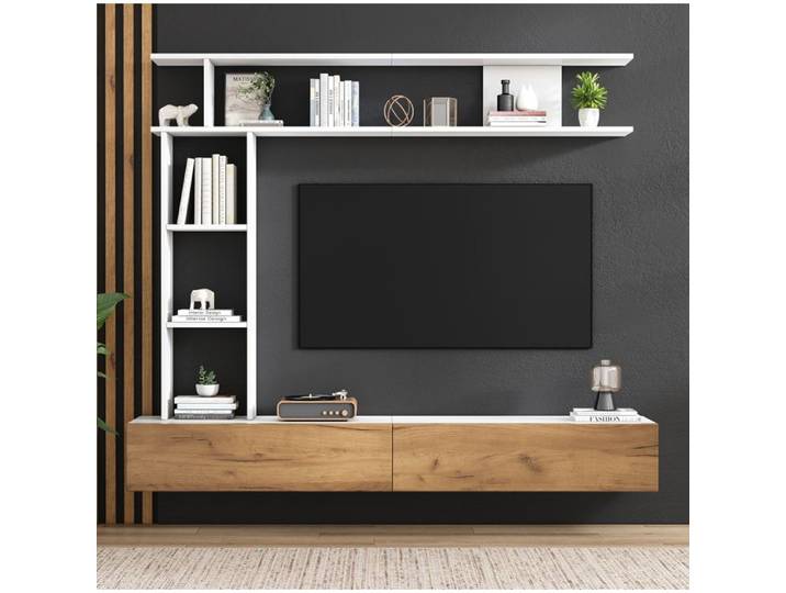 MEULVA Ensemble mural TV 180 cm blanc et décor bois meuble TV 2 portes avec étagères à poser ou à suspendre